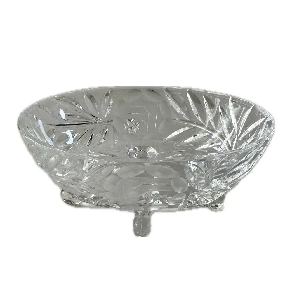 Vintage American Cut Leaf Pattern Footed Hungarian Glass Crystal Trinket Dish